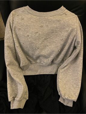 Crystal Rhinestone Bling Cropped Gray Sweatshirt